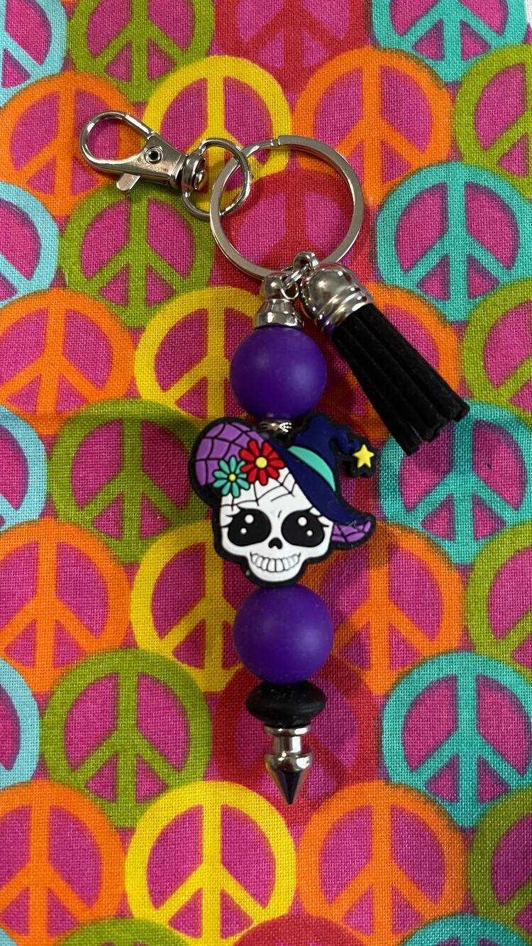 Purple skull keychain with flowers Custom Handmade Bead Bar About 3" Long